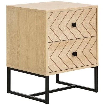 Image of HOMCOM Bedside Table Nightstand Two Drawer Bedroom Storage Unit Zig Zag Design with Black Metal Handles, Natural