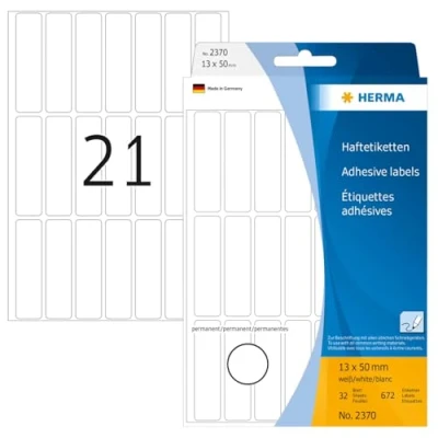 Image of HERMA Multi Purpose Labels, 21 Labels per Sheet, 32 Sheets, 13 x 50 mm, 672 Self Adhesive Small Stickers, Blank Sticky for Office Kitchen Home, White
