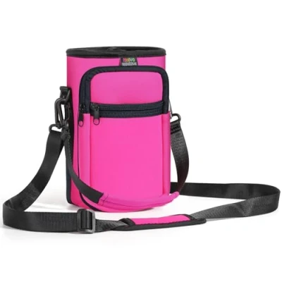 Image of Nuovoware Water Bottle Carrier Bag, 64oz Pouch Holder, Adjustable Shoulder Hand Strap 2 Pocket Sling Neoprene Sleeve Sports Accessories for Hiking Travelling Camping, Magenta