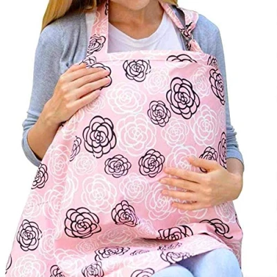 Image of Auranso Breastfeeding Cover Infinity Nursing Scarf with Pockets, Breathable Cotton Mums Apron Shawl Baby Car Seat Swaddle Blanket Pink