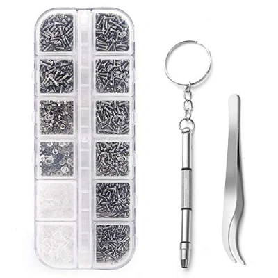 Image of Becory Eyeglasses Repair Kit, 1100Pcs Tiny Screws and 5 Pairs Nose Pads Stainless Steel Set with Micro Screwdriver Tweezer for Glasses, Sunglasses, Watch