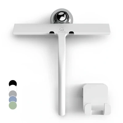 Image of GÜTEWERK shower squeegee black 9 in incl. chrome suction cup hook stainless steel core silicone rubber squeegees for bathroom cleaning window screen wiper cleaner glass scraper blade showers
