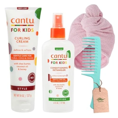 Image of Kids Detangler and Curling Cream Bundle with Cantu 227g Care for Conditioning Spray 177ml Ferwizz Hair Wrap Comb