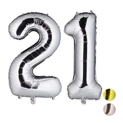Image of Relaxdays Foil Balloons Number 21, Jumbo Balloon for 21st Birthday, To Hang, XXL, Balloons, 85 100 cm, Silver