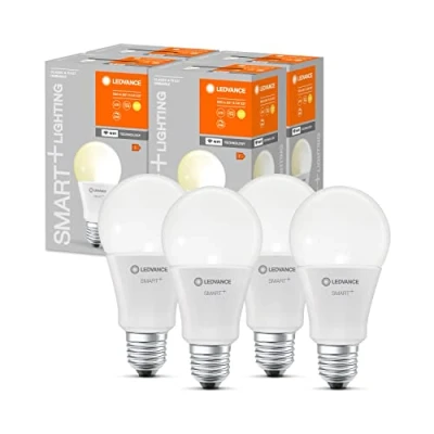 Image of LEDVANCE Smart LED lamp with WiFi Technology, E27 Base, Dimmable, Warm White (2700 K), Replaces Incandescent Lamps 75 W, Smart+ Classic 4 Pack