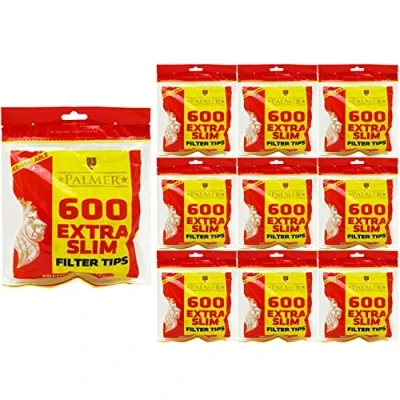 Image of 600 15000 x PALMER Cigarette Tobacco Filter EXTRA SLIM ULTRA Tips Rolling Paper Resealable Yellow Red Bags Smoking UK FREE P&amp;P (10x Pack (6000 Tips))