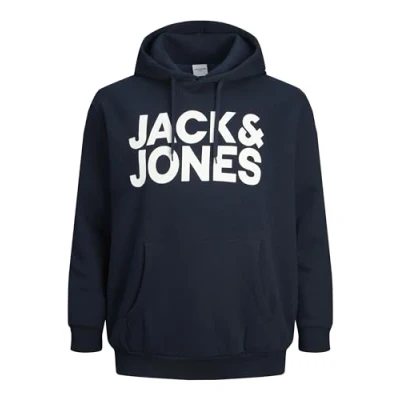 Image of JACK&amp;JONES PLUS Men&#039;s JJECORP Logo Sweat Hood NOOS PS Sweatshirt, Navy Blazer/Print:Large Print, 7XL