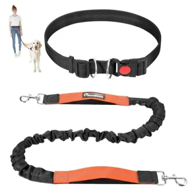 Image of Pawaboo Hands Free Dog Leash with Waist Belt, Elastic Wider Reflective Running Belt Absorbing Shock, Durable Padded Handle Bungee for Dogs (25 150 lbs, Black)