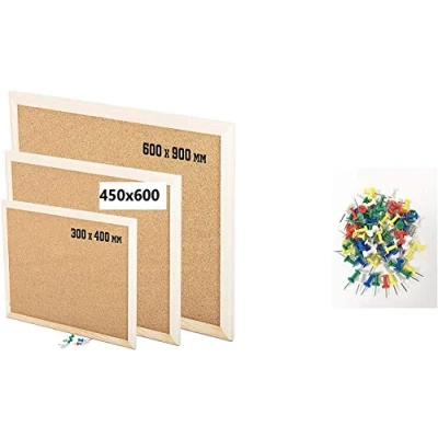 Image of KAV Wooden Frame Cork Notice Boards, Office Memo School with 100 Push Pins Classic Wood Board (60CM x 90CM)