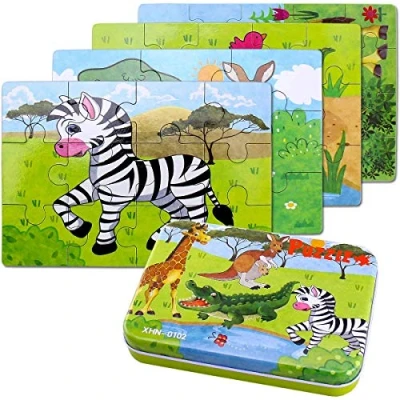 Image of BBLIKE Jigsaw Puzzles Toy in a Box for Kids, Pack of 4 with Varying Degree Difficulty Educational Learning Tool Best Birthday Present Boys Girls (Zebra, Giraffe, Crocodile, Kangaroo)