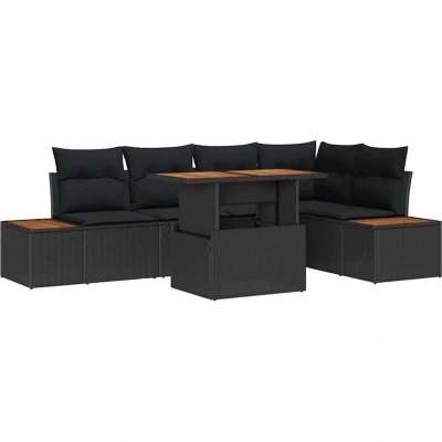 Image of vidaXL 6 Piece Garden Dining Set with Cushions Black Poly Rattan Acacia