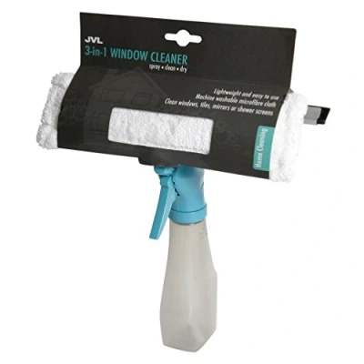 Image of JVL Car Care Cleaning Range 3 in 1 Microfibre Window Cleaner with Spray Bottle, Teal/Grey