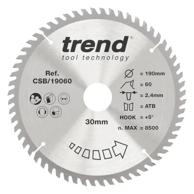 Image of Trend Wood Circular Saw Blade, 190mm Diameter, 30mm Bore, 60 Teeth, TCT, 2.6mm Kerf, +15 Hook, CSB/19060