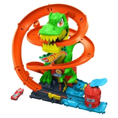 Image of Hot Wheels Toy Car Track Set, City T Rex Blaze Battle Playset &amp; 1:64 Scale Die Cast Firetruck, 18 Tall, Multiple Race Outcomes, Spinning Dinosaur Eyes, JBM73