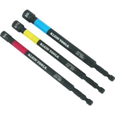 Image of Klein Tools 65411PK3 Magnetic Color Coded Power Nut Setter Set, 1/4 Inch Impact Hex Drive, 5 Shaft, Extended Reach, 3 Piece