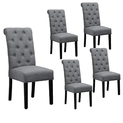 Image of BonChoice Button Tufted Dining Chairs Set of 4 Linen Fabric for Room Kitchen Living Room, High Back Upholstered with Black Wooden Legs Home &amp; Commercial Restaurants (Grey, 4)