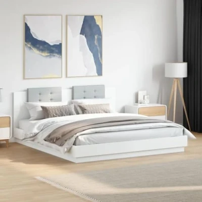 Image of vidaXL White Bed Frame with Headboard 160x200 cm Engineered Wood, Modern Design, Storage Drawers Included