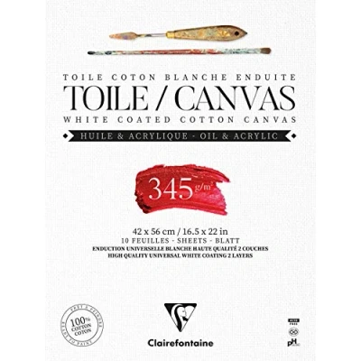 Image of Clairefontaine Ref 975225C Ready to Paint Canvas Pad (10 Sheets) 42 x 56cm Sized, 345gsm Paper, Acid Free, pH Neutral White Suitable for Oil &amp; Acrylic