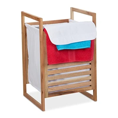 Image of Relaxdays Walnut Laundry Basket, Square, with Handles &amp; Lid, HWD: 60 x 40 35 cm, Hamper Toy Storage, Natural/White, Wood, Cotton