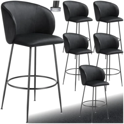 Image of TecTake® Set of 6 Bar Stools with Velvet Look Covers, Padded Stool Curved Backrests, Footrests &amp; Stable Steel Legs, Easy Assembly, Ideal as Dining Kitchen Island Black