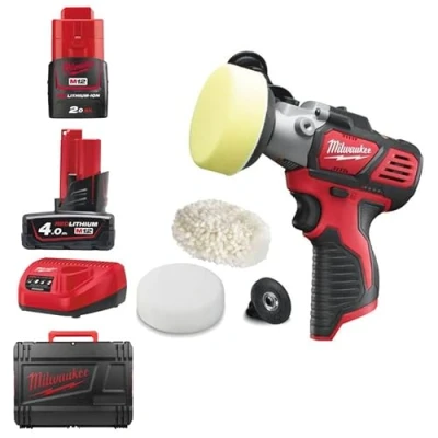 Image of Milwaukee 4933447799 M12bps 421 x Polisher/Sander, 2 Speeds (2500/7500 RPM), Max Cap. 76 mm, 1 bat 4.0ah and 2.0ah, Whitered