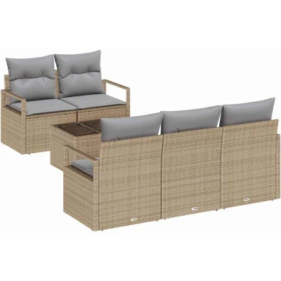 Image of vidaXL 6 Piece Garden Sofa Set with Cushions Beige Poly Rattan