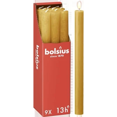 Image of Bolsius Tapered Dinner Pillar Candles Yellow Pack of 9 Long Burning Time 13 Hours Household Candle Interior Decoration Unscented Includes Natural Vegan Wax 27 x 2.3 cm