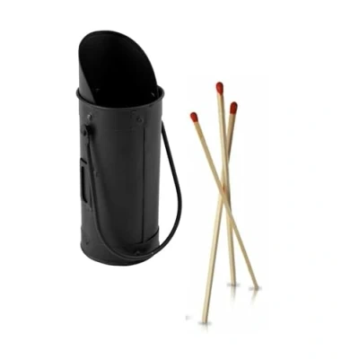 Image of Fireplace Match Holder Bucket Matt Black Iron Stove Accessory for XL Matches