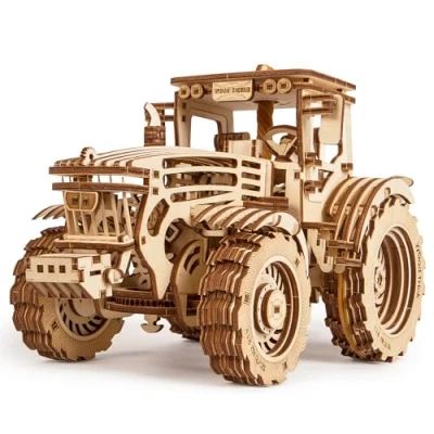 Image of Wood Trick Wooden Mechanical Tractor Model Kit to Build for Adults and Kids 11x7″ Detailed Sturdy Rubber Band Motor 2 Speeds 3D Puzzle