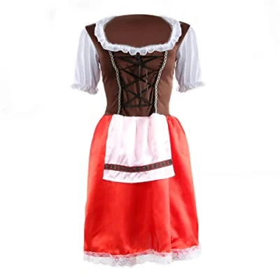 Image of Ladies Bavarian Beer Girl Oktoberfest Fancy Dress and Stockings Costume Brown/Red Womens German Maid Wench (Large)