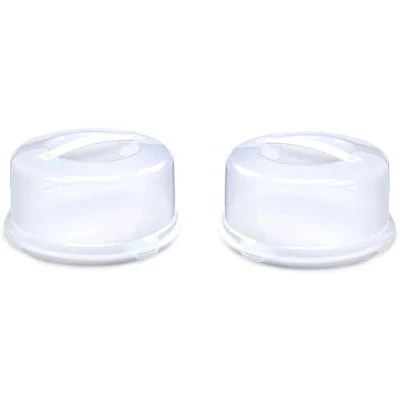 Image of Airtight BPA free Plastic Reusable Storage Cake Box Portable Takeaway Food Container with Lid Carrier Handle Lockable Cover Multipack (Plastic, Twin Pack Round)