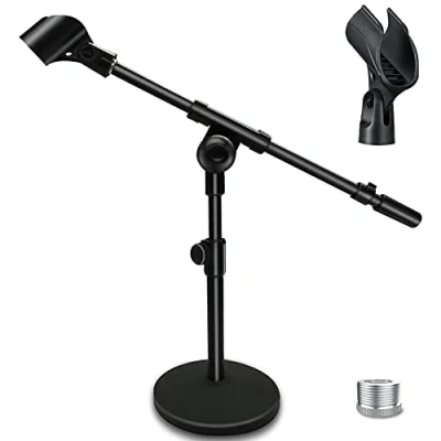 Image of Mictop Adjustable Desktop Mic Stand, Desk Stand Tabletop Table Top Microphone with Clip for Handheld Microphone, Boom Arm, 5/8&quot; Male to 3/8&quot; Female Screw Adapter