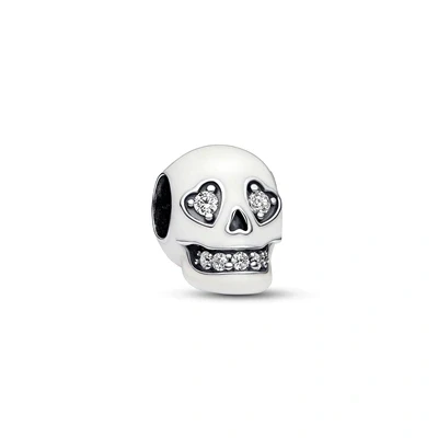 Image of Pandora Moments Skull sterling silver charm with clear cubic zirconia and white glow in the dark enamel