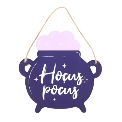 Image of Hocus Pocus Cauldron Hanging Sign Whimsical Halloween Decoration Adorable and Durable Design Easy to Hang on Doors, Walls, or Mantels Versatile Indoor/Outdoor Festive Decor Piece