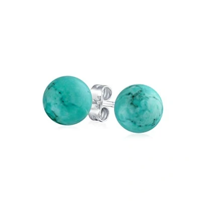 Image of Minimalist Simple Plain Gemstone Blue Stabilized Turquoise Round Ball Stud Earrings For Women .925 Sterling Silver 8 MM