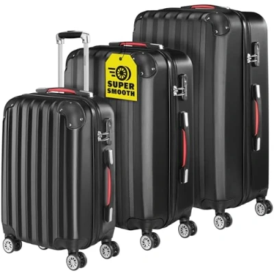 Image of MONZANA® Baseline 3 Piece Travel Suitcase Set ABS Hard Shell Luggage 4 Spinner Wheels Scratch Resistant Medium Large XL Lightweight Lockable Cabin Trolley Cases Black