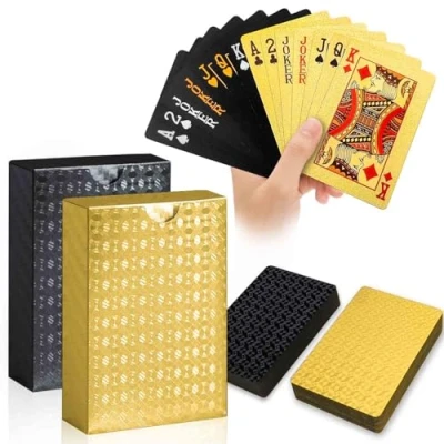 Image of Wugauwor Waterproof Playing Cards 2 Pack, Plastic Poker Cards, Deck of Diamond for Beach Blackjack Texas Canasta Bridge Adult Card Games, Gold &amp; Black
