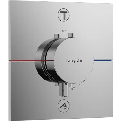 Image of hansgrohe ShowerSelect Comfort E thermostat conceiled, bathroom tap with safety stop at 40 C, square for showers and bath tubs, shower mixer 2 functions, chrome, 15578000