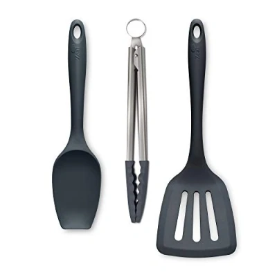 Image of Zeal JSET27T Non Stick Silicone Spatula Spoon, Cooking Tongs &amp; Turner 3 Piece Set Dark Grey