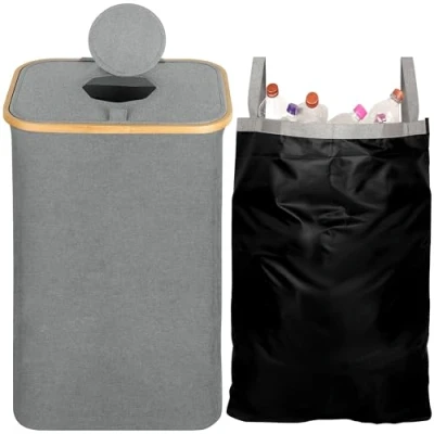 Image of BELLE VOUS Deposit Bottle Collection Container with Lid &amp; Carry Bag 80L Kitchen Storage Bin Collect Empty Bottles, Glass Waste or Laundry