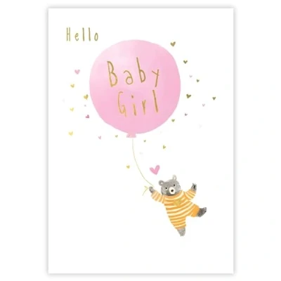 Image of New Baby Girl Congratulations Card Bear and Love Heart Design Special Finishes Made in the UK Eco Friendly