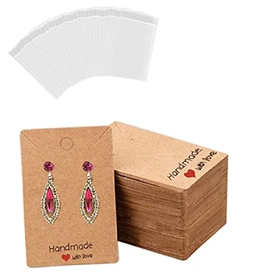 Image of 200 PCS Earring Display Cards Kraft Handmade with Love Jewellery Packaging Card Brown Tags for Diy Jewelry(100 Holder Cards,100 Self Sealing Clear Bags)