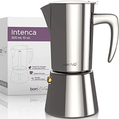 Image of bonVIVO Moka Pot Intenca, 300ml, Stainless Steel Espresso Maker w/Silver Chrome Finish Stove Top Italian Coffee 6 Cup Gifts for Men and Women