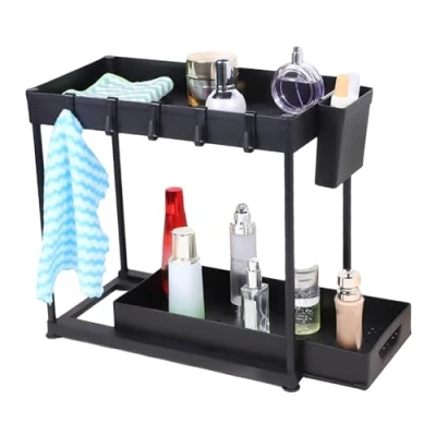 Image of Under Sink Storage Kitchen Organiser, Bathroom 2 Tier Pull Out Cupboard Organiser Shelf, Home Organisation for Cabinet, Sliding Shelf Bla