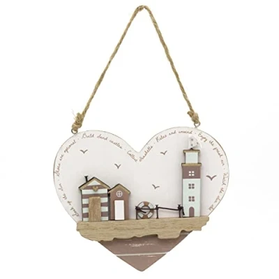 Image of Carousel Home Heart Shaped Beach Hut Nautical Plaque Decorative Coastal Hanging Sign Wall Art Seaside Decor 16cm