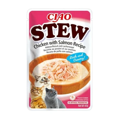 Image of INABA Churu Stew for Cats Chicken/Salmon Recipe Snacks Rich and Creamy Treats Without Grains, Preservatives, Colours Low Calories 40g