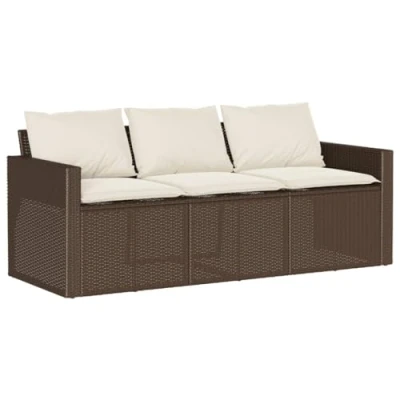 Image of vidaXL Outdoor Sofa 3 Seater Brown Poly Rattan Couch with Cream White Cushions for Garden, Patio, Deck, Weather Resistant and Easy Clean