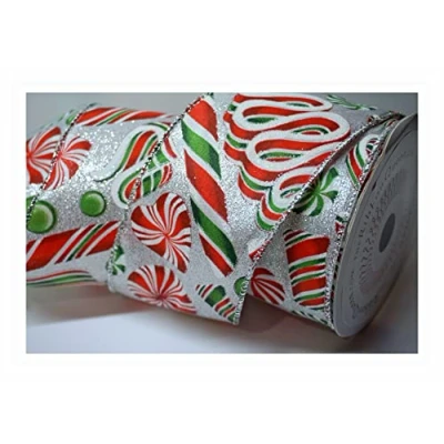 Image of 10m x 2.5 (63mm) Roll Wire Wired Edged Edge Christmas Ribbon Tree Tinsel Wreath Gift Bows. from a UK Specialist Company (Silver Glitter Candy Cane Swirl)