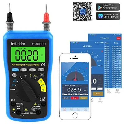 Image of Digital Multimeter,INFURIDER YF 90EPD Auto ranging Voltmeter Avometer DMM with Bluetooth Connection Via Phone for AC&amp;DC Voltage, AC &amp; DC Current,Resistance,Cap,Temp,Hz,Battery Test Electrical Tester