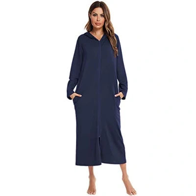 Image of GAOHONGMEI Women Sleepwear Long Robe Sleeve Dressing Gown Zip Front Hooded Bathrobe Kimono Robes Housecoat blue S